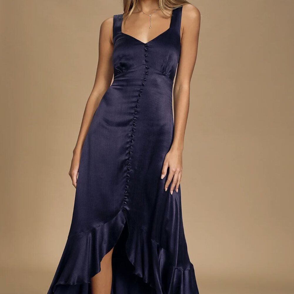 NWT Lulus Abundant Love Navy Blue Ruffled High-Low Maxi Dress